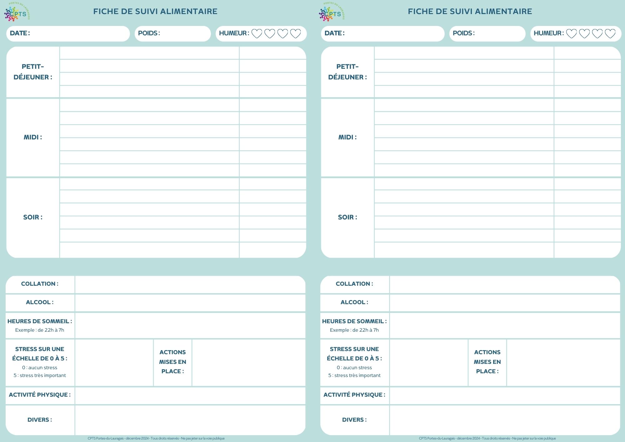 Fiche de suivi alimentaire couleur